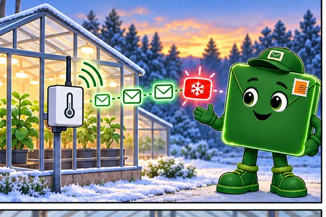 Illustrated scene: A greenhouse sends a room reading each minute and rare frost warnings.