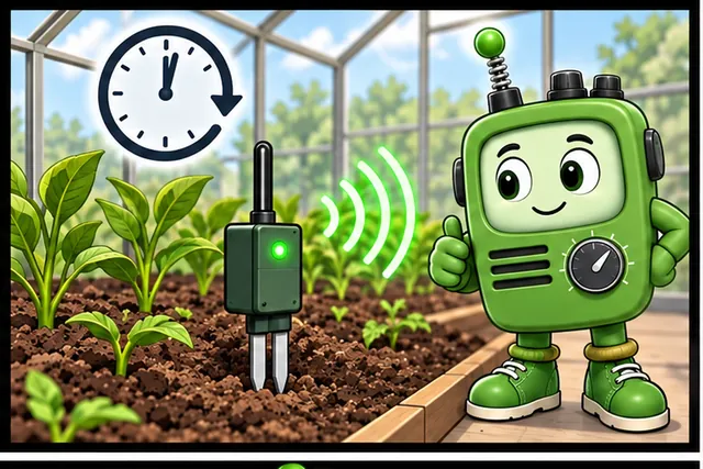 Illustrated scene: A greenhouse sensor wakes each minute to send soil moisture.