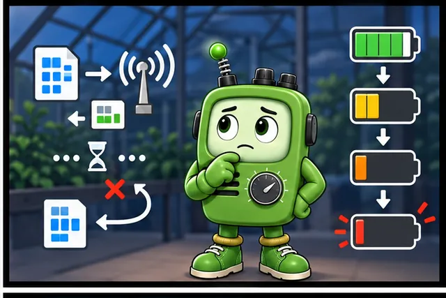 Illustrated scene: Extra bytes, replies, waits, and retries spend its small battery.