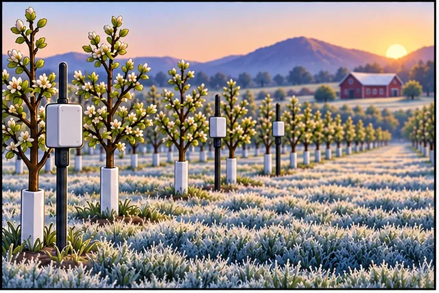 Cartoon panel 1 illustrates this step: A frost warning system watches young trees across an orchard.