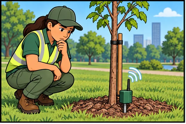 Cartoon panel 1 illustrates this step: A soil sensor tells a park worker when a young tree needs water.