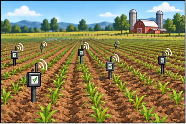 Cartoon panel 1 illustrates this step: A far farm sensor sends one reading through three battery relays.