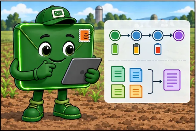 Green envelope character checks a tablet in a farm field beside a route diagram. The diagram shows four connected nodes with battery levels and several document cards being combined into one purple record, suggesting a routing test with energy and evidence tracked together.