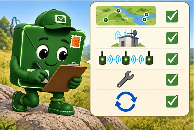 Cartoon panel 3 illustrates this step: Check coverage, the collection point, relay load, and access.
