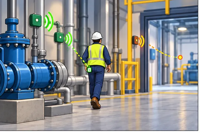 Cartoon panel 1 illustrates this step: Two sensor groups track one worker between factory rooms.