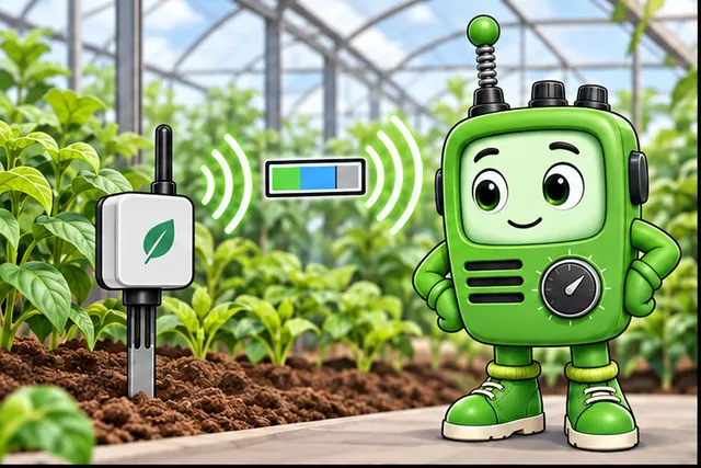 Cartoon panel 1 illustrates this step: A greenhouse sensor must fit one reading into a tiny radio frame.