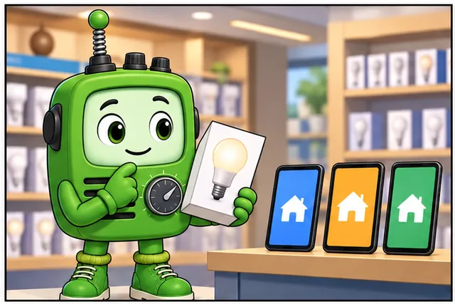 Cartoon panel 1 illustrates this step: A buyer wants one home app to dim a smart bulb.