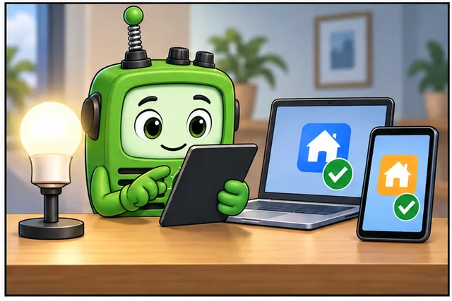 Green radio character checks a tablet beside a lit bulb, while both a laptop and phone display home icons with green check marks. The illustration shows one lighting result appearing across multiple controllers; it does not depict network loss or reset tests.