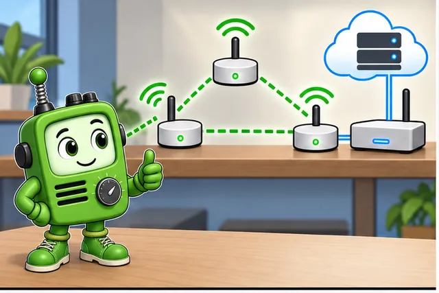 Green radio character gives a thumbs-up beside three connected mesh routers and a gateway leading to a cloud service. Dashed green links show several possible routes; the illustration does not show a battery sensor stopping after a router loses power.