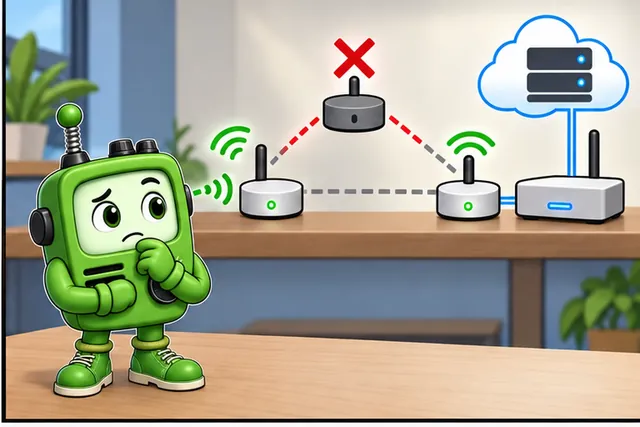 Cartoon panel 2 illustrates this step: One successful join does not prove that the mesh can recover.