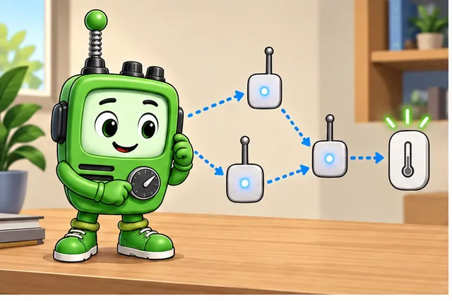 Cartoon panel 1 illustrates this step: One Zigbee device must join a mesh and send a normal report.
