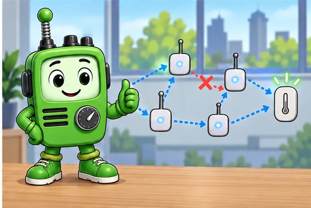 Green radio character stands beside a mesh of four small devices and a temperature sensor. A red cross marks one broken link, while blue arrows show an alternate route that still reaches the sensor; the panel illustrates path recovery rather than a product-comparison step.