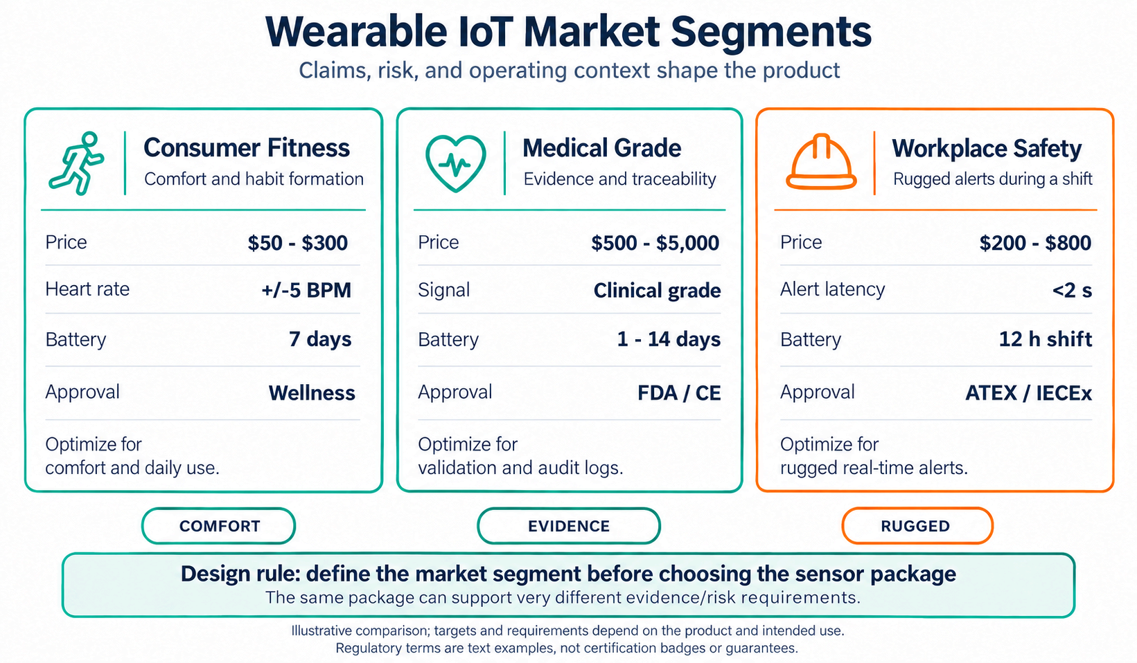 Wearable IoT market segments comparing consumer fitness, medical-grade, and workplace-safety products