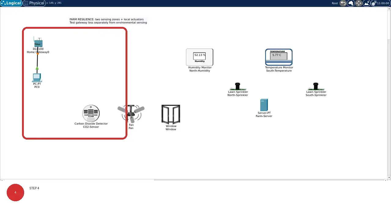 Step 4: real Cisco Packet Tracer 9.0.1 view showing Objects without a line to Home Gateway0 remain visibly outside the registered control path