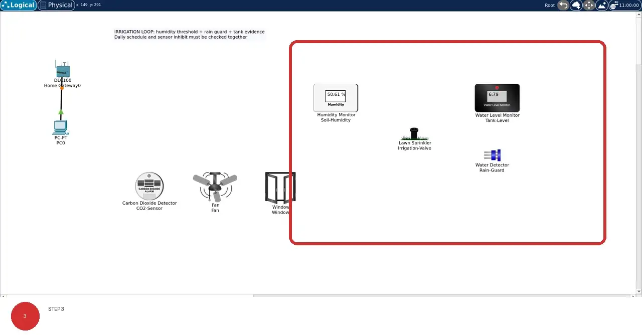 Step 3: real Cisco Packet Tracer 9.0.1 view showing The solid black line connects PC0 to Home Gateway0; where dotted lines are visible, they mark wireless associations