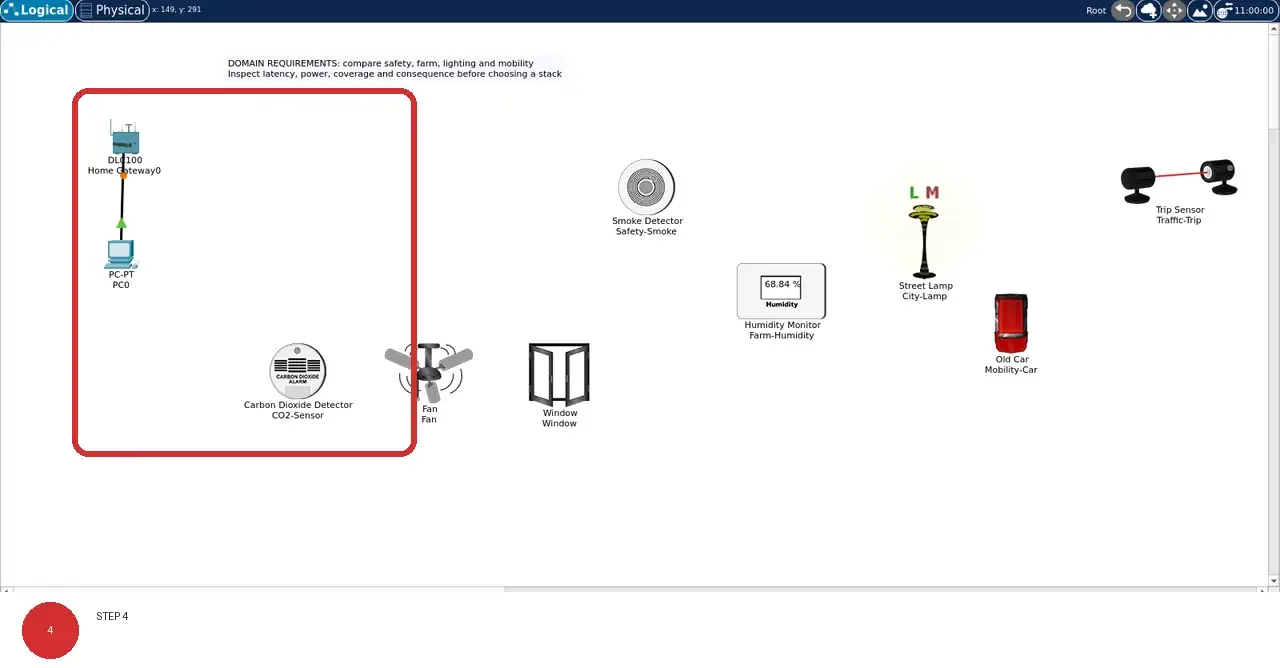 Step 4: real Cisco Packet Tracer 9.0.1 view showing Objects without a line to Home Gateway0 remain visibly outside the registered control path