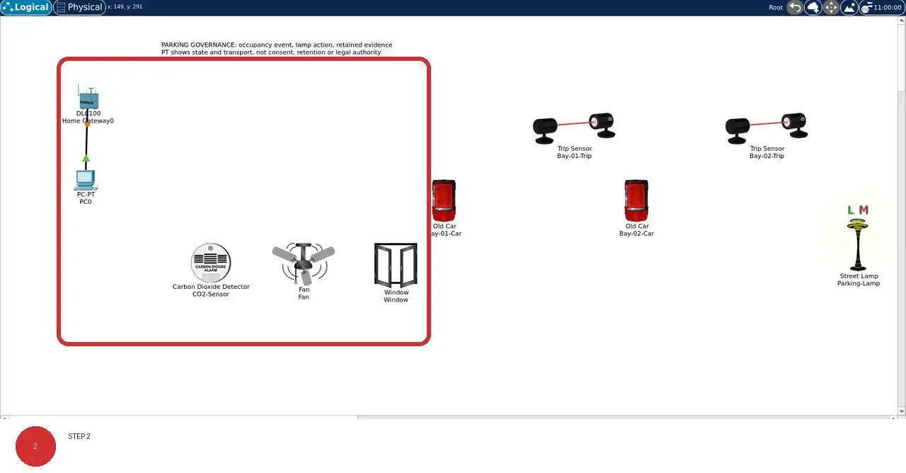 Step 2: real Cisco Packet Tracer 9.0.1 view showing The Logical canvas shows two parking bays, two trip sensors, and one lamp in this lab's named workspace