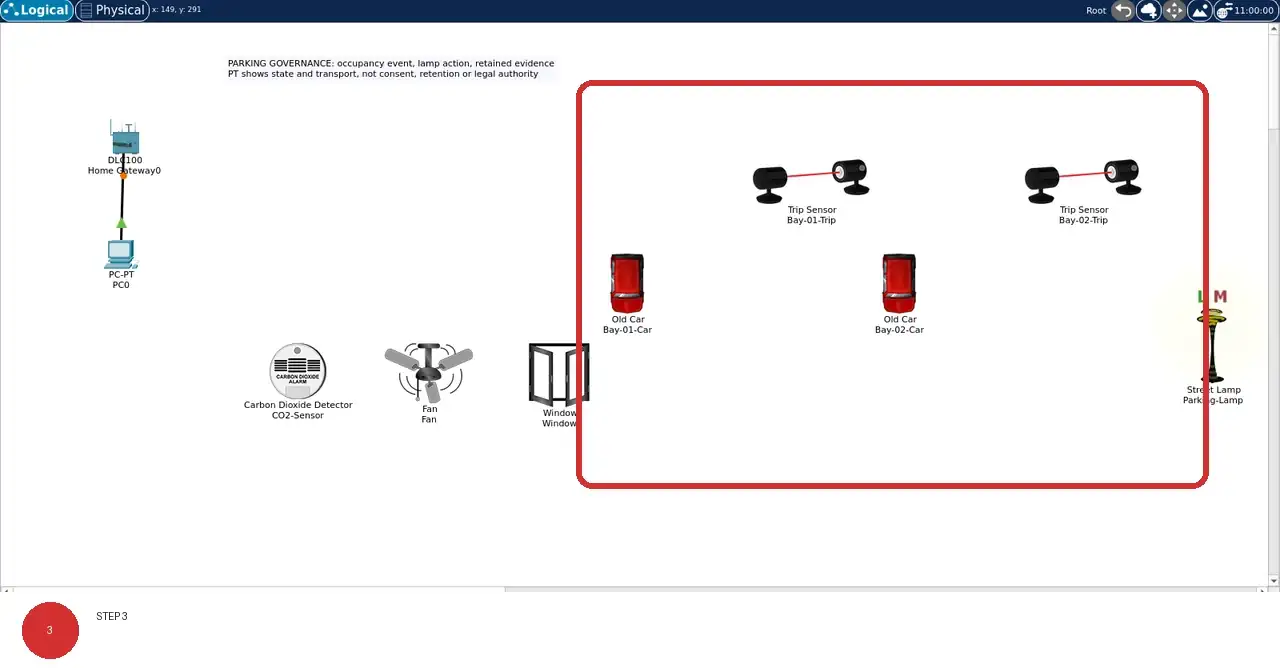 Step 3: real Cisco Packet Tracer 9.0.1 view showing The solid black line connects PC0 to Home Gateway0; where dotted lines are visible, they mark wireless associations