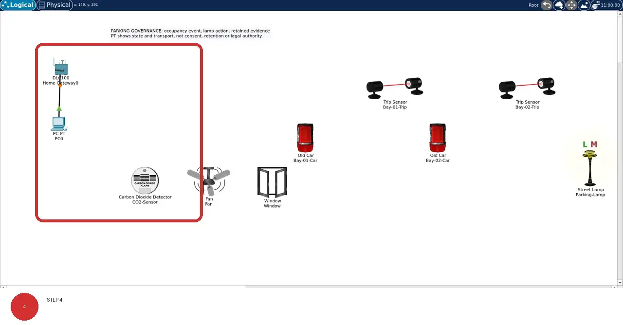 Step 4: real Cisco Packet Tracer 9.0.1 view showing Objects without a line to Home Gateway0 remain visibly outside the registered control path