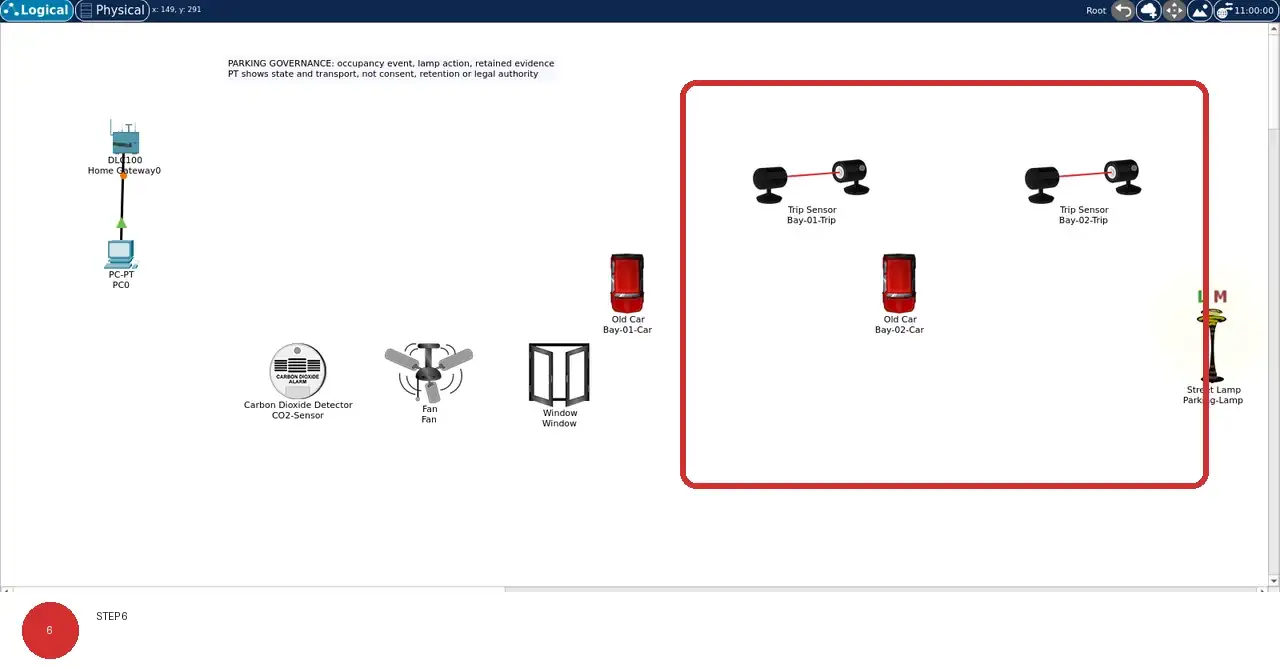 Step 6: real Cisco Packet Tracer 9.0.1 view showing After reopening the saved project, the same lab-specific names, positions, and connection lines remain visible