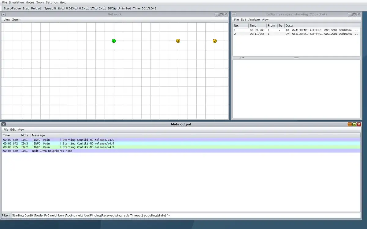 Real Cooja window at step 1, with Network, Radio messages, and IPv6 neighbor lines in Mote output.