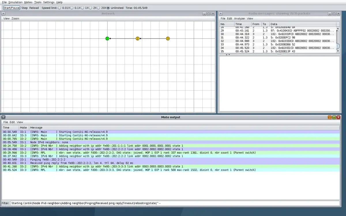 Real Cooja window at step 2, with Network, Radio messages, and IPv6 neighbor lines in Mote output.