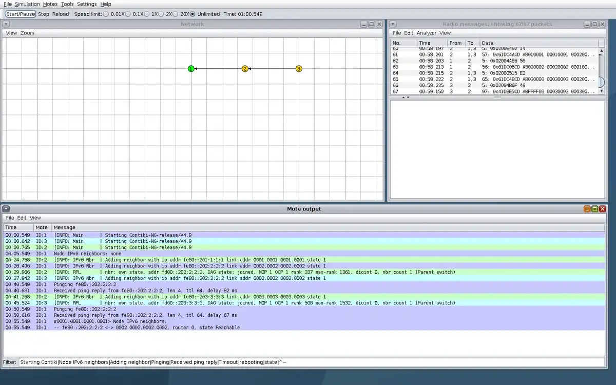 Real Cooja window at step 3, with Network, Radio messages, and IPv6 neighbor lines in Mote output.