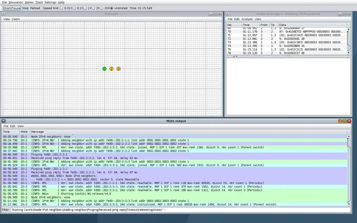 Real Cooja window at step 4, with Network, Radio messages, and IPv6 neighbor lines in Mote output.