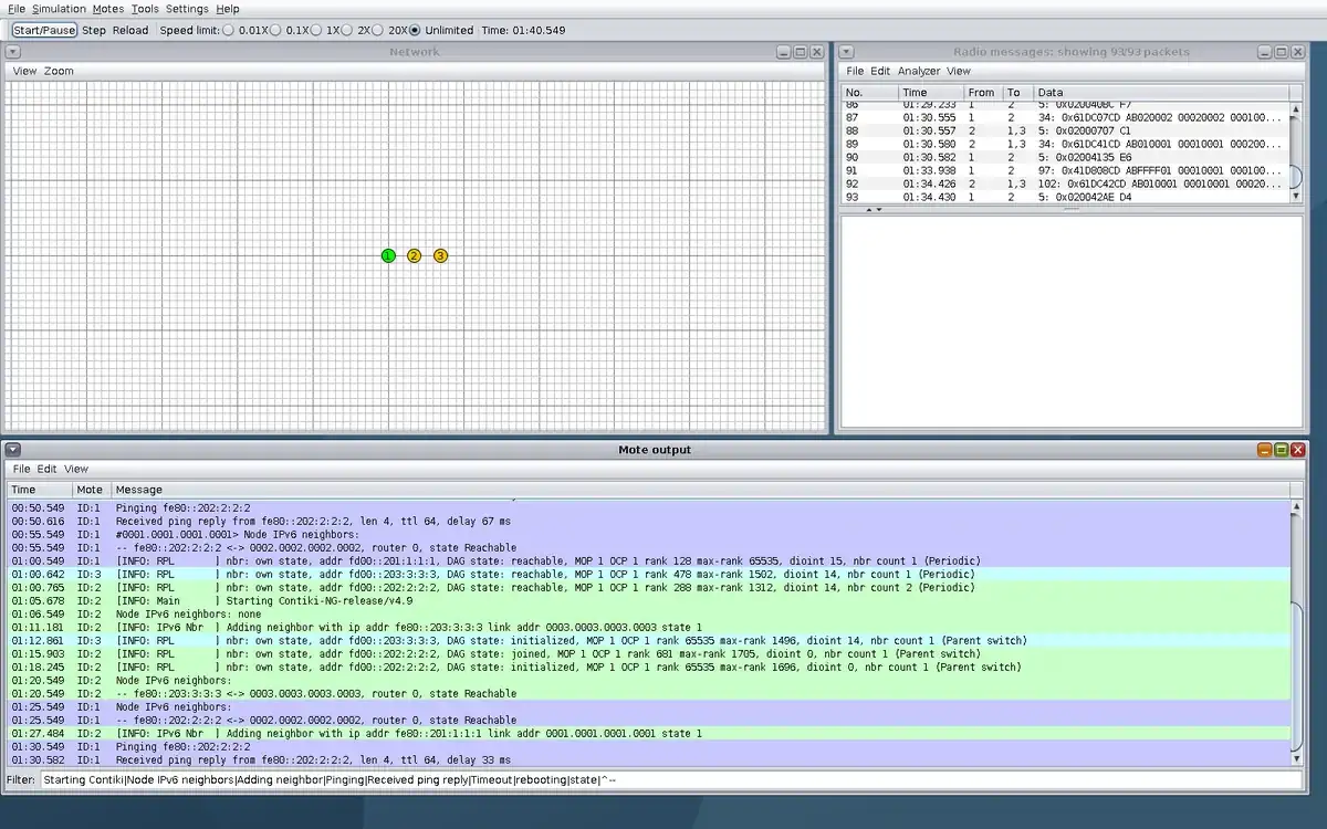 Real Cooja window at step 5, with Network, Radio messages, and IPv6 neighbor lines in Mote output.