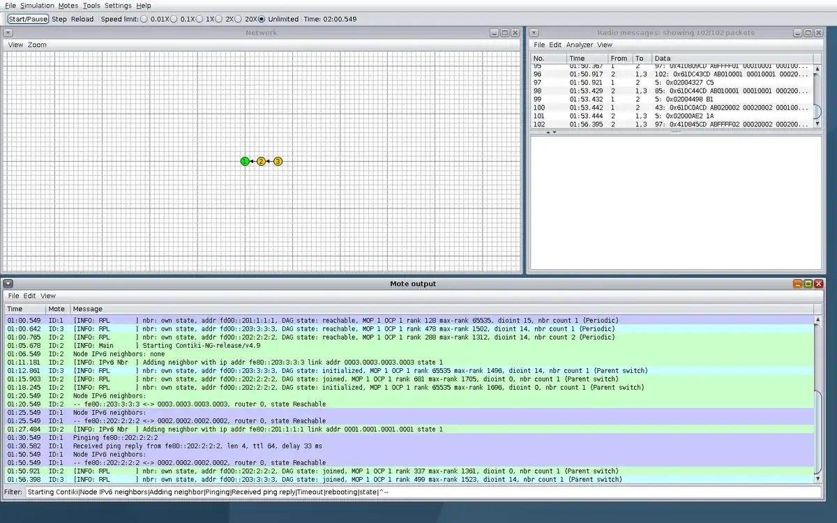Real Cooja window at step 6, with Network, Radio messages, and IPv6 neighbor lines in Mote output.