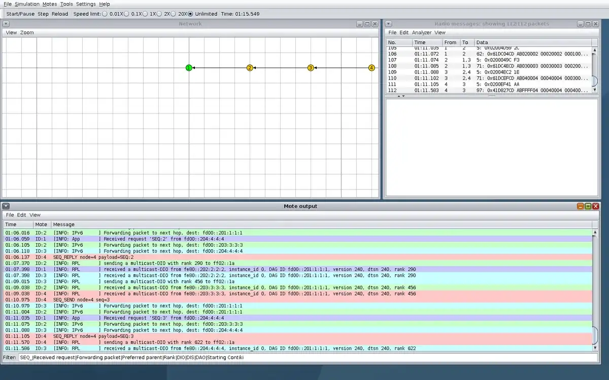 Real Cooja window at step 1, showing the RPL chain, simulated radio trace or script marker, and sequence evidence.