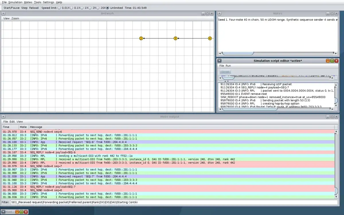 Real Cooja window at step 2, showing the RPL chain, simulated radio trace or script marker, and sequence evidence.