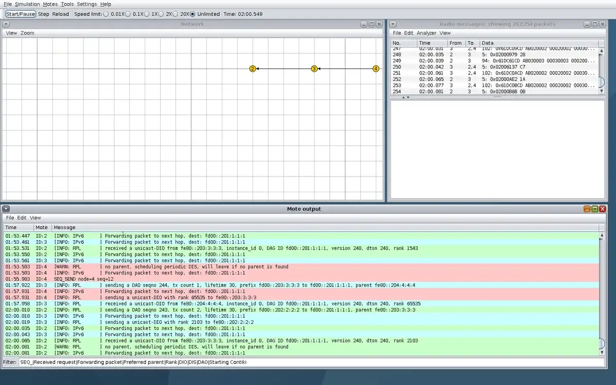 Real Cooja window at step 3, showing the RPL chain, simulated radio trace or script marker, and sequence evidence.