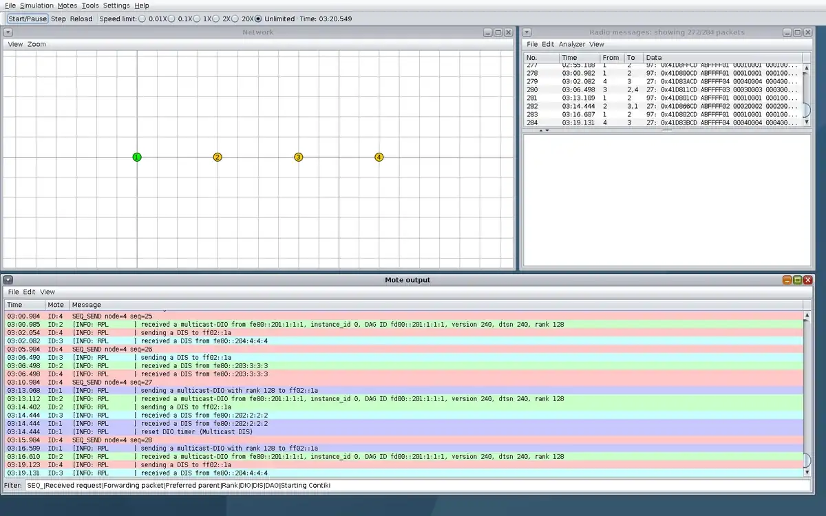 Real Cooja window at step 4, showing the RPL chain, simulated radio trace or script marker, and sequence evidence.