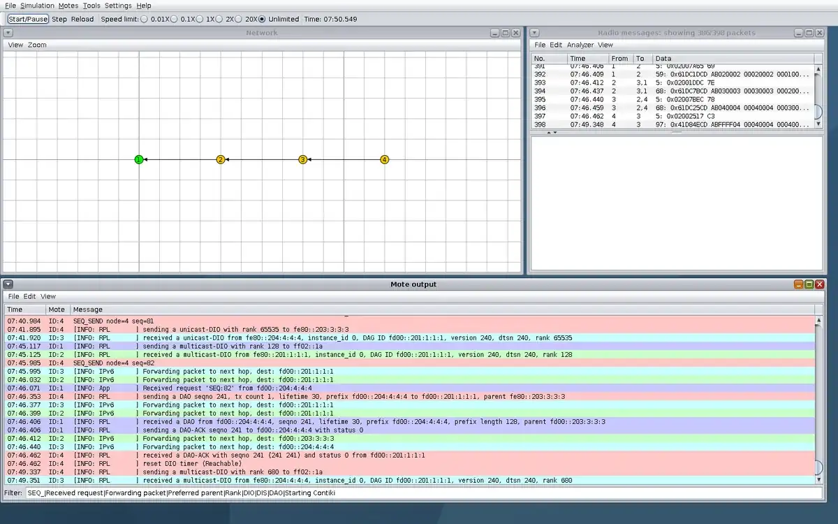 Real Cooja window at step 5, showing the RPL chain, simulated radio trace or script marker, and sequence evidence.