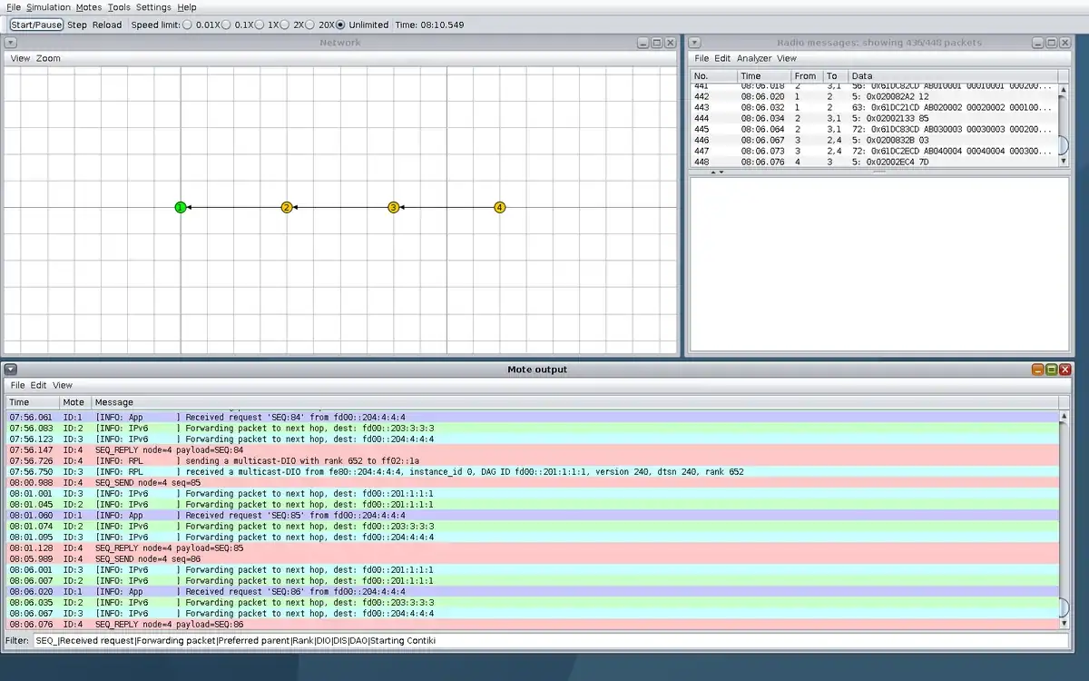 Real Cooja window at step 6, showing the RPL chain, simulated radio trace or script marker, and sequence evidence.