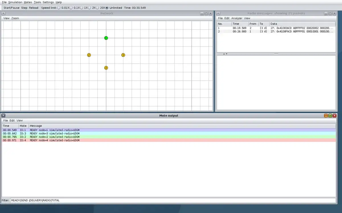Real Cooja window at step 1, showing the four-mote Network, Radio messages, and Mote output observations.