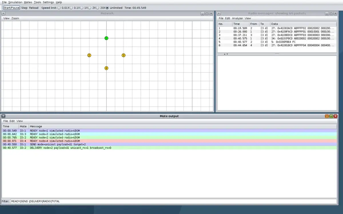 Real Cooja window at step 2, showing the four-mote Network, Radio messages, and Mote output observations.