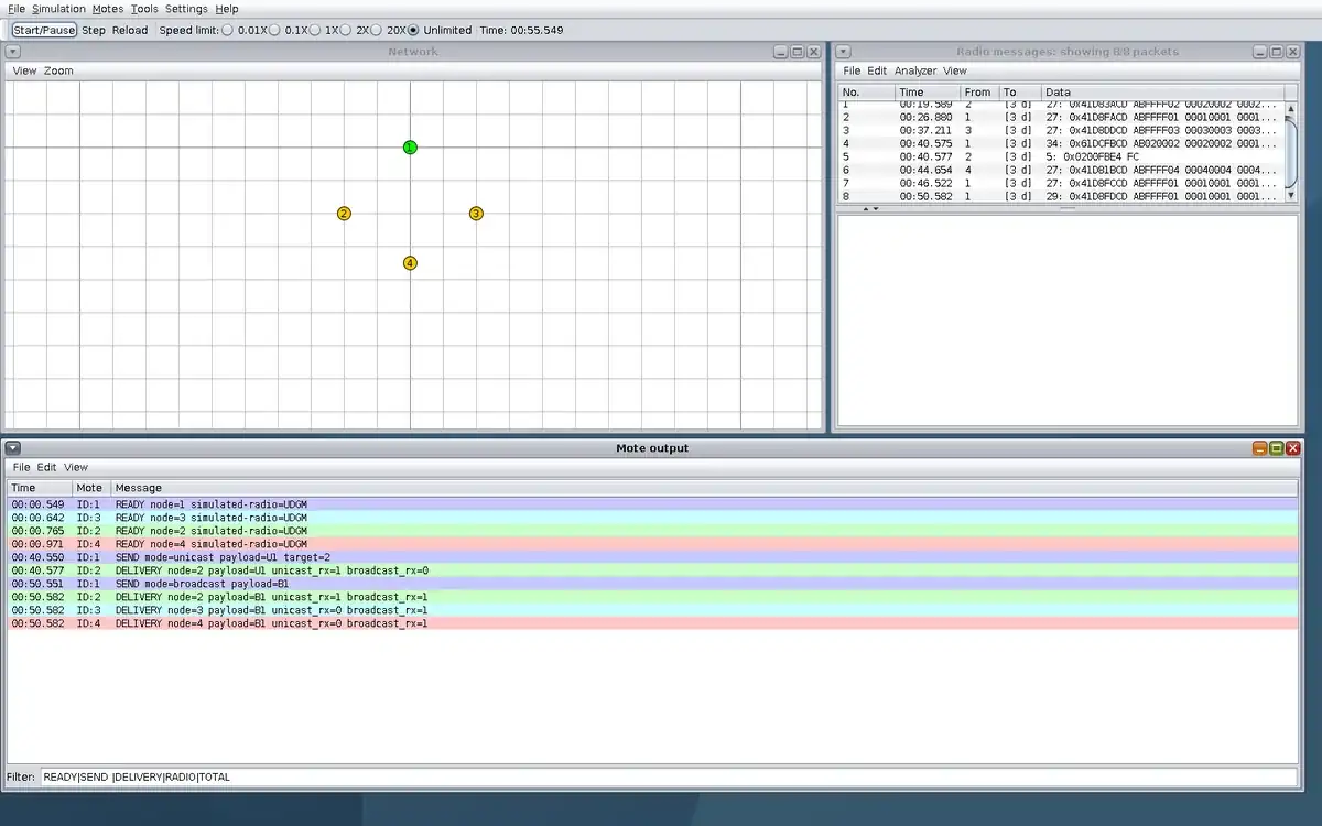 Real Cooja window at step 3, showing the four-mote Network, Radio messages, and Mote output observations.