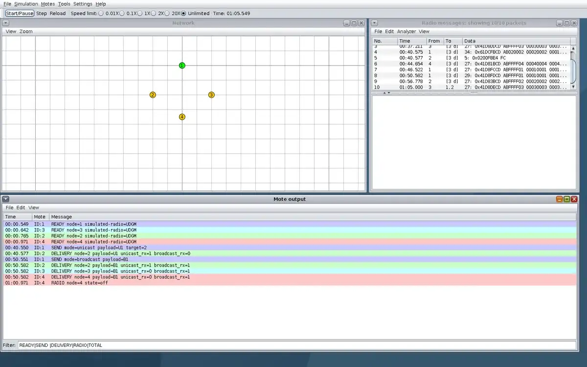 Real Cooja window at step 4, showing the four-mote Network, Radio messages, and Mote output observations.