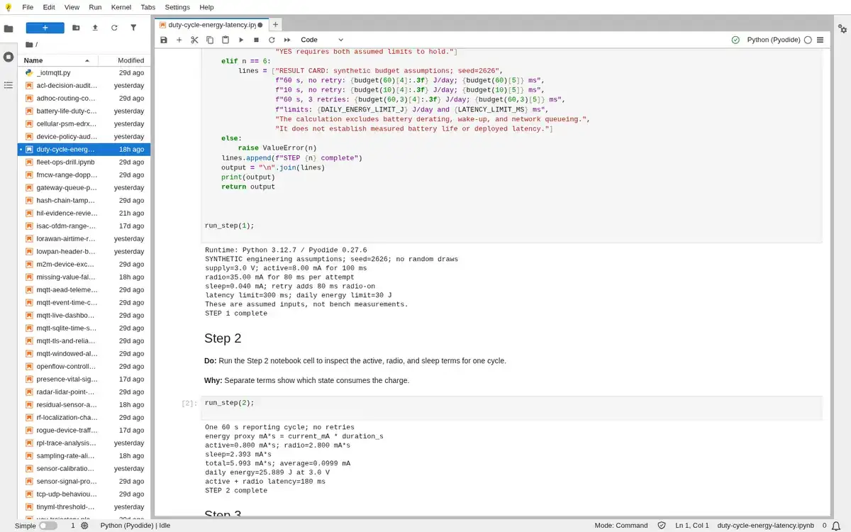 Real JupyterLite notebook output for step 1 of Duty-cycle energy and latency budget.