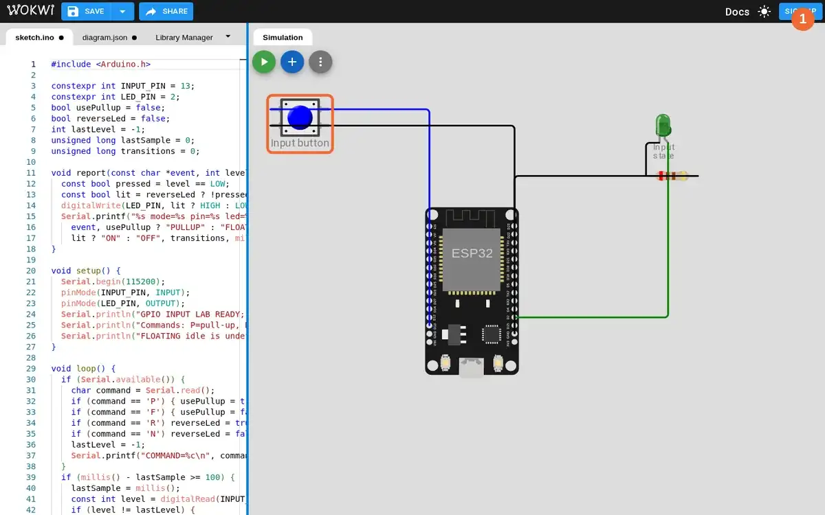 Real Wokwi editor before simulation; the ring marks the grounded input button beside the ESP32 and LED.