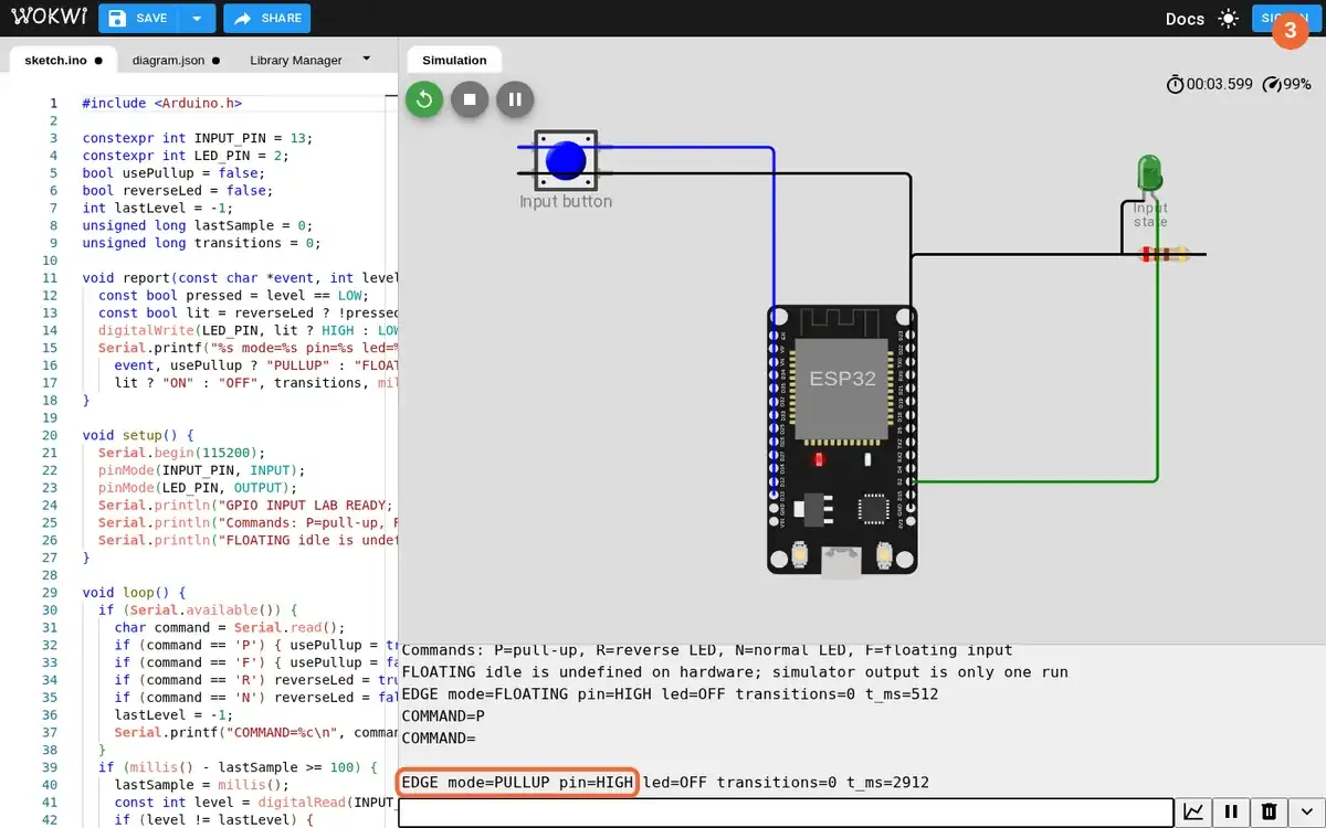 Running Wokwi editor with the ring on the pull-up idle HIGH line in Serial Monitor.