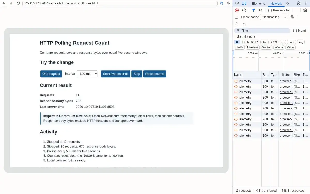 Real Chromium browser and DevTools: The table remains at 11 requests.