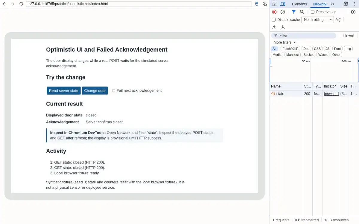 Real Chromium browser and DevTools: HTTP 200 returns closed; page says Server confirms closed.