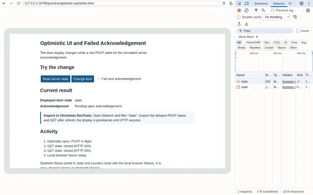 Real Chromium browser and DevTools: The page shows open and Pending open acknowledgement; Network shows POST pending.