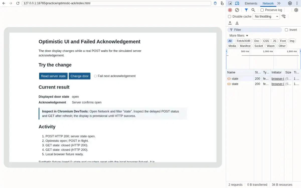 Real Chromium browser and DevTools: POST HTTP 200 after about 1.2 s; page says Server confirms open.