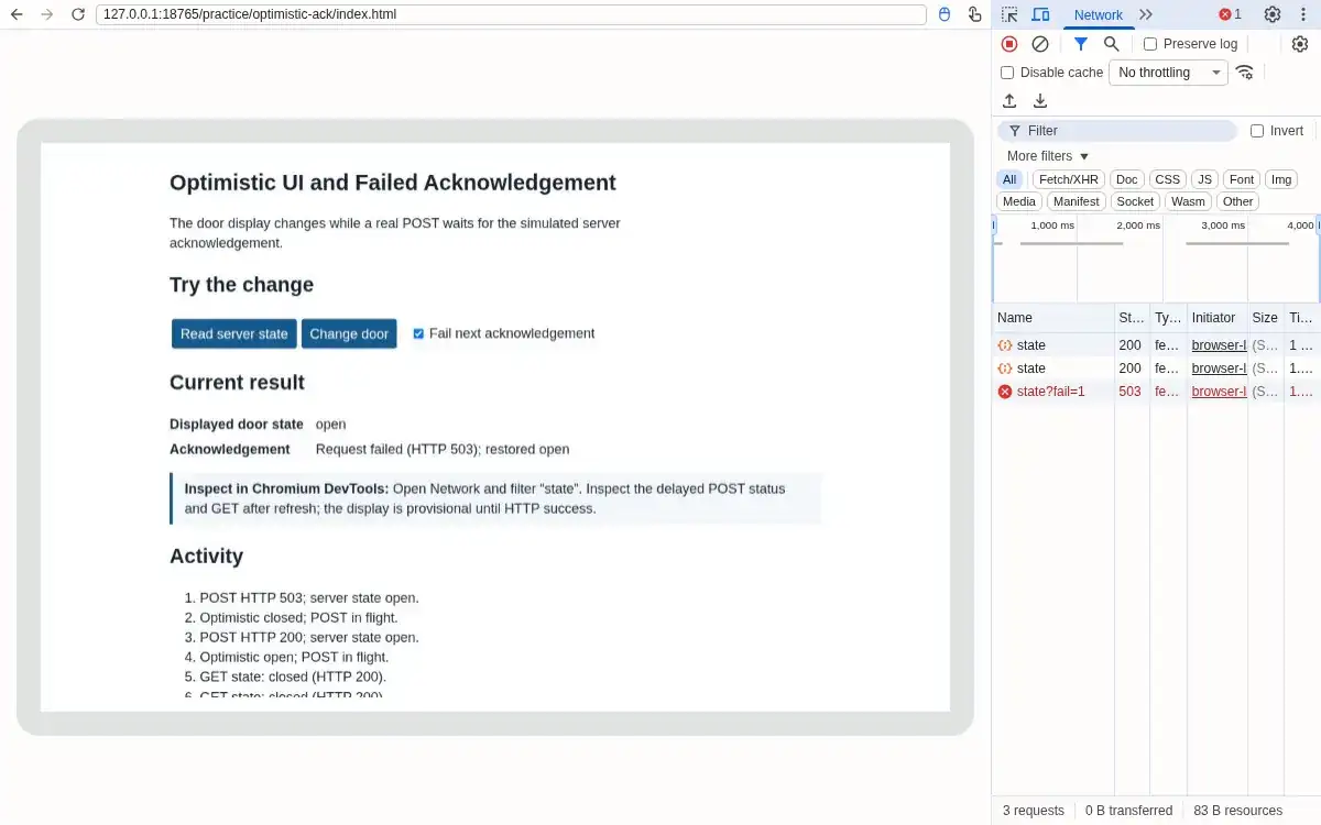 Real Chromium browser and DevTools: POST returns HTTP 503; page restores open and names the failure.