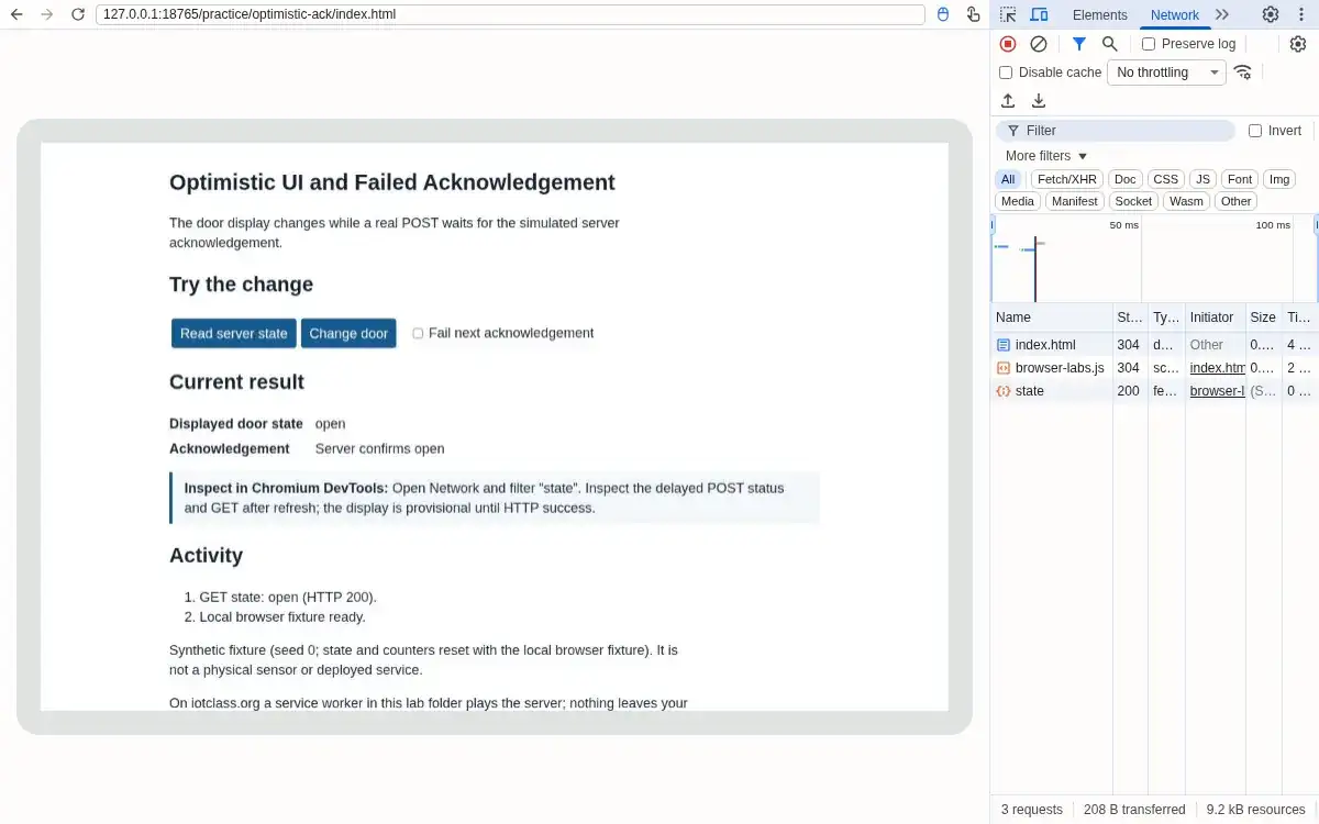 Real Chromium browser and DevTools: Initial closed, pending open, HTTP 200 open, HTTP 503 close failure, final GET open.