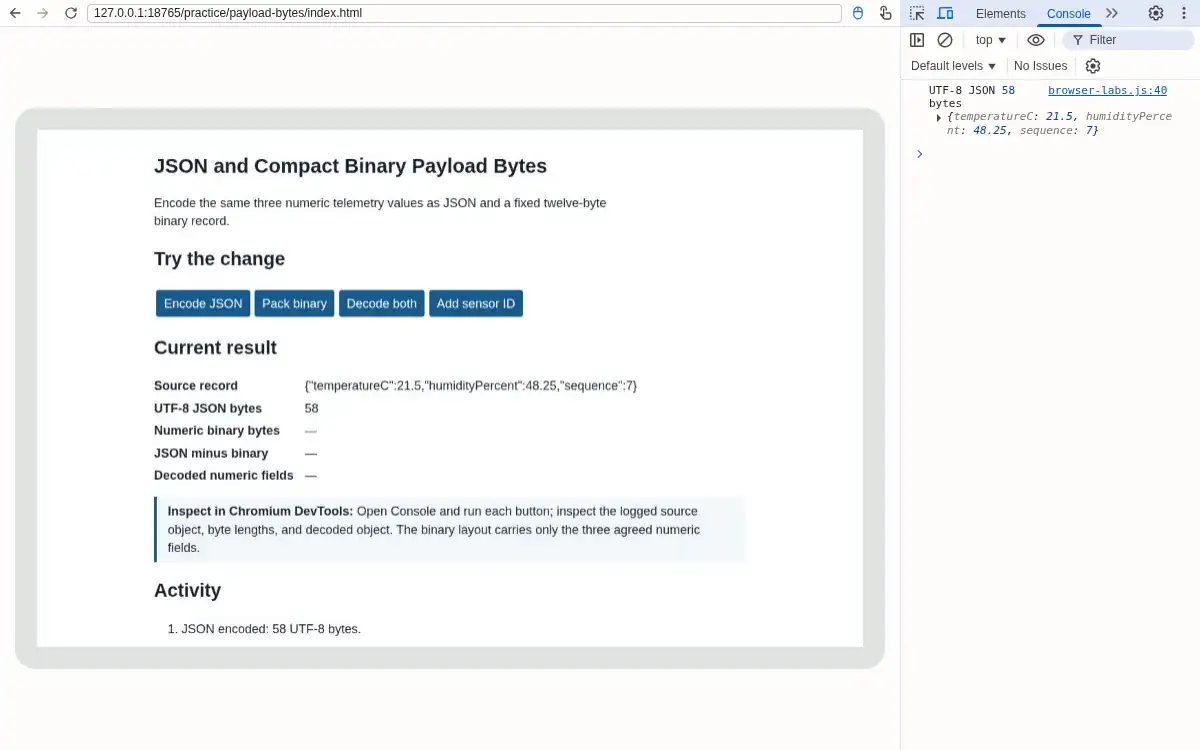 Real Chromium browser and DevTools: Console and page show 58 UTF-8 bytes.